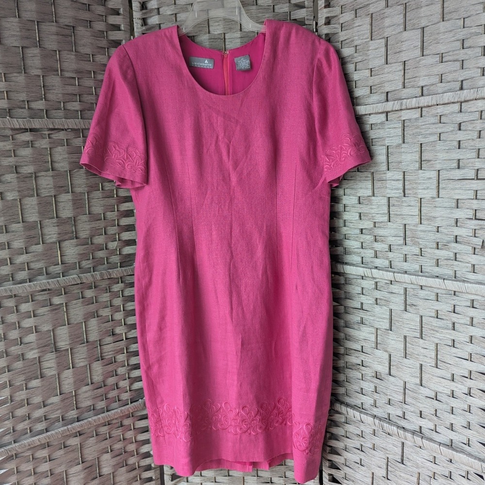 Vtg Liz Claiborne Sheath‎ Dress 100% Linen Pink Embroidered Short Sleeve Sz 12